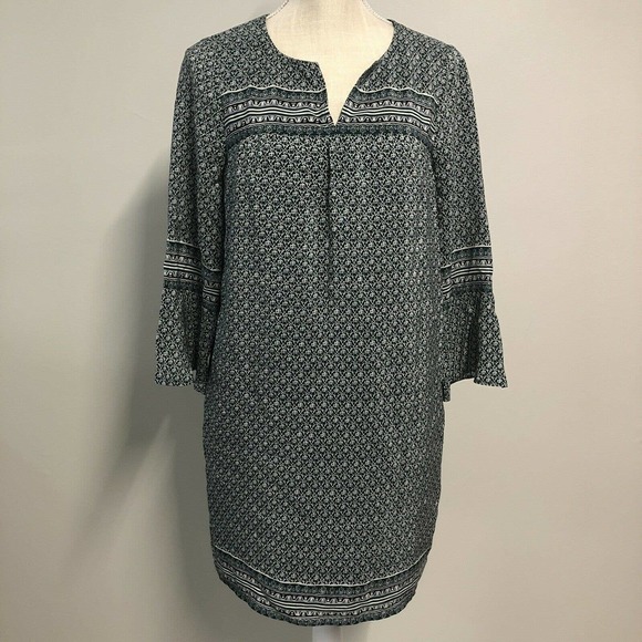 Madewell Dress Green White 100% Silk Boho Bell Sleeve with Pockets - Picture 7 of 7